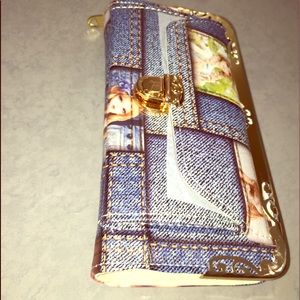 NEW Vinyl Wallet Jean Print Caricature w/Gold Trim